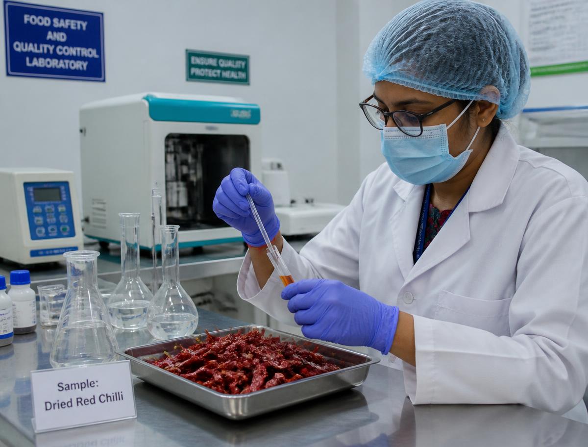 Laboratory technician testing a dried red chilli sample for aflatoxins and moisture