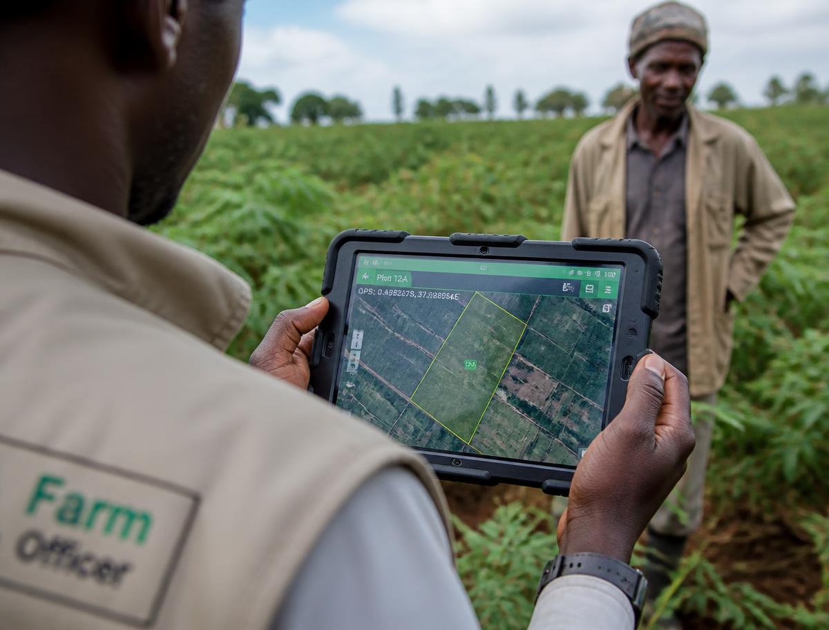 Field officer holding a tablet showing GPS plot mapping while standing with a farmer in a field