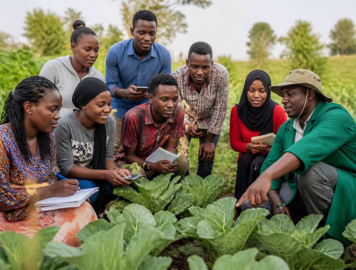 Young Tanzanian farmers being trained in a farmer field school