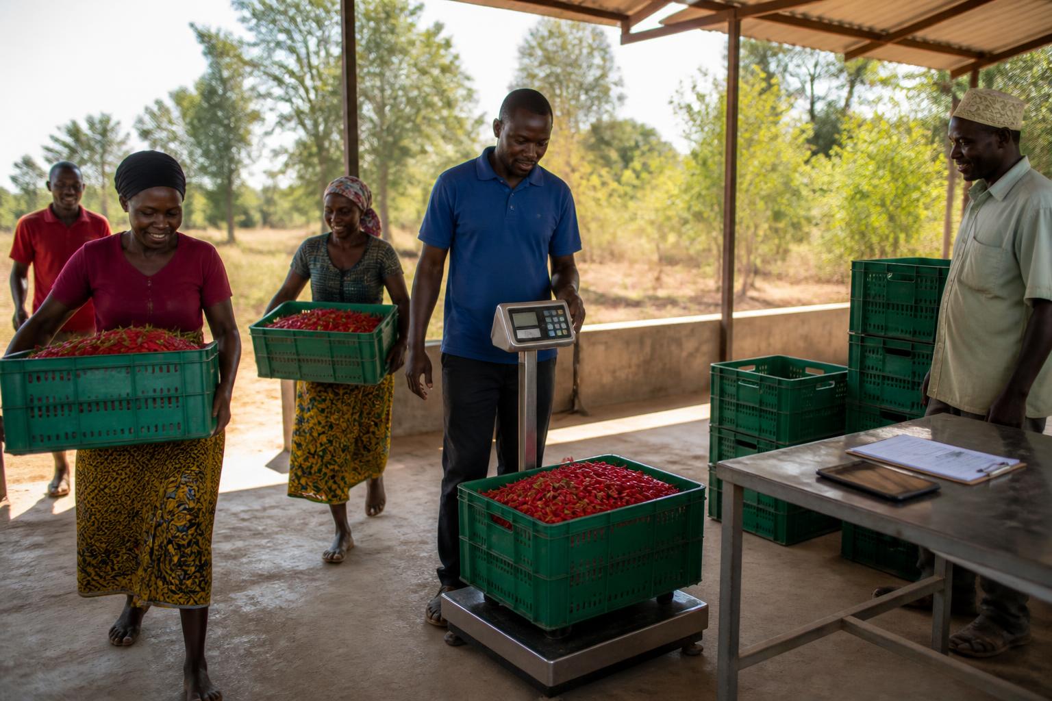 Farmers delivering rigid crates of fresh red chillies to a field officer using a digital platform scale