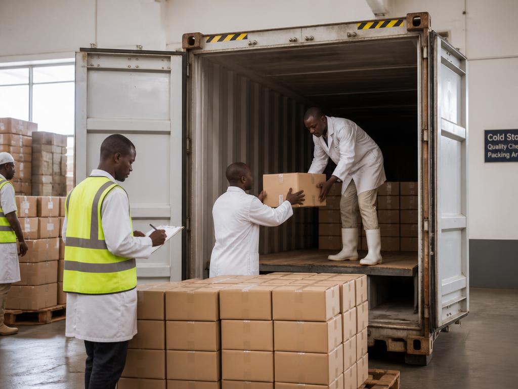 Workers loading sealed cartons into an export shipping container