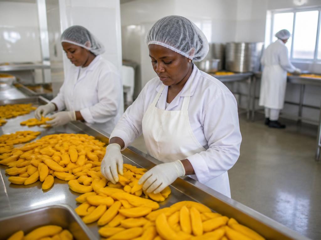Workers sorting sliced mango at a partner processing facility
